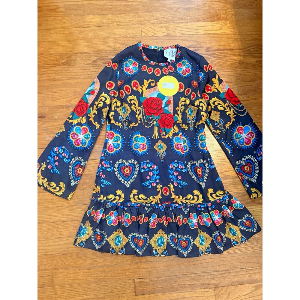 NWT Alden Adair Duke Dress Davinci S Jewel Print Long Sleeve Mini $314